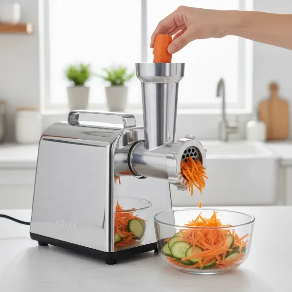The Adler AD 4813 meat grinder with its integrated vegetable shredder attachment in use, processing vegetables.