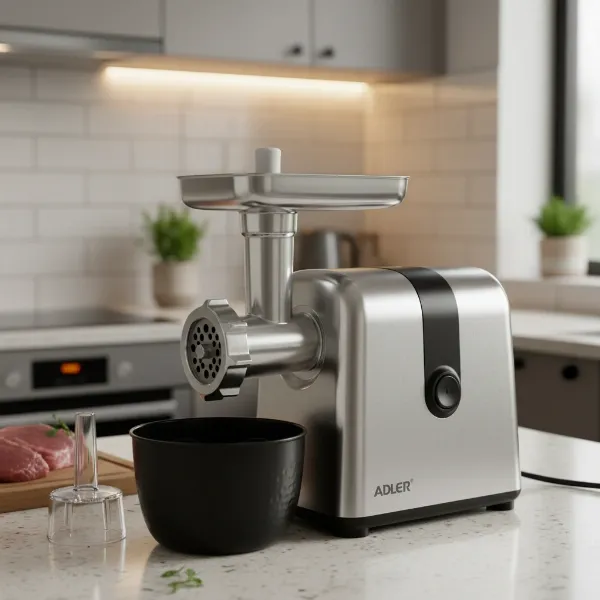 An electric Adler meat grinder on a kitchen counter, ready for home cooking tasks.