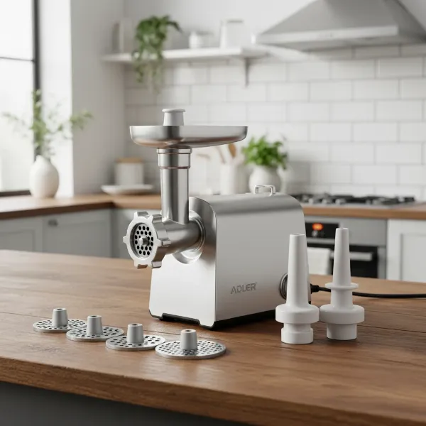 An Adler meat grinder surrounded by its various attachments like sieves, sausage stuffer, and kubbe maker.