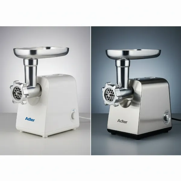 Two Adler meat grinders side-by-side, one with a plastic housing and one with a stainless steel housing, showing material differences.
