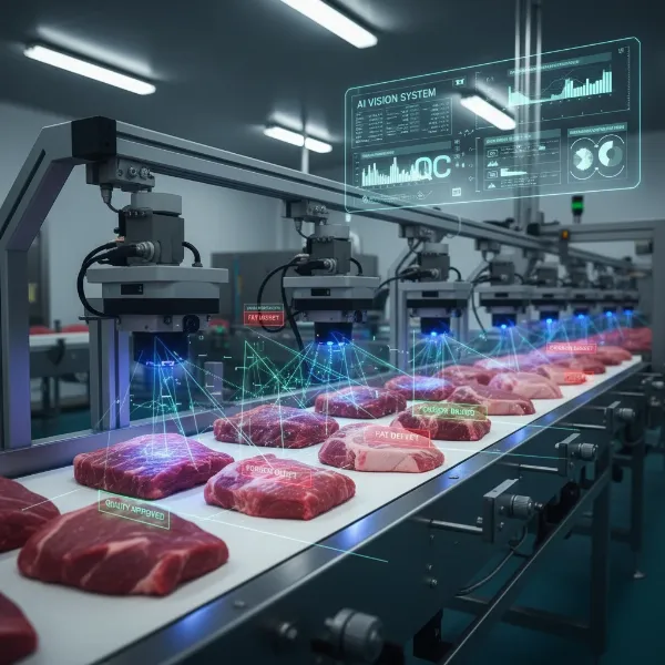 AI-powered vision system inspecting meat on a conveyor belt for quality and safety.