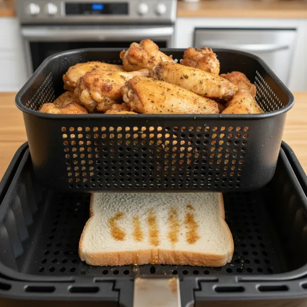a slice of bread placed in an air fryer basket to catch cooking drippings