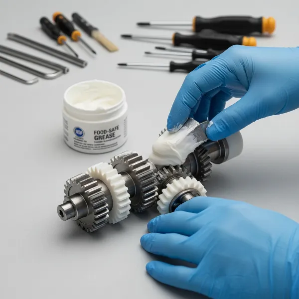Hands applying food-grade grease to clean gears of a disassembled electric meat grinder.