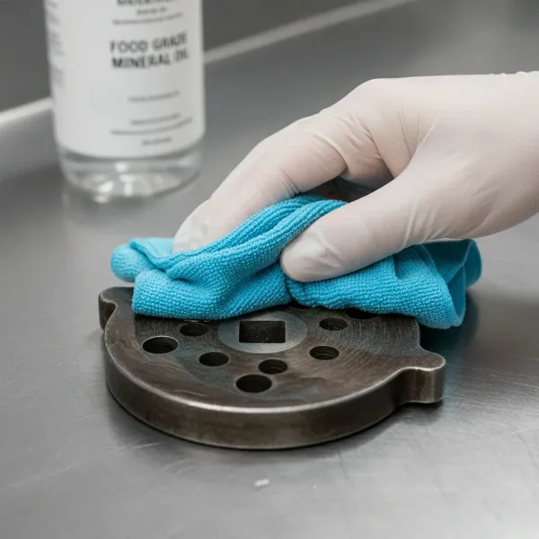Hand applying food-grade mineral oil to a carbon steel meat grinder plate with a clean cloth.