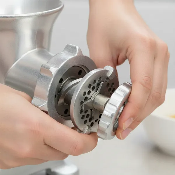 Hands demonstrating the correct assembly of a meat grinder, specifically tightening the locking ring to secure the blade and plate.