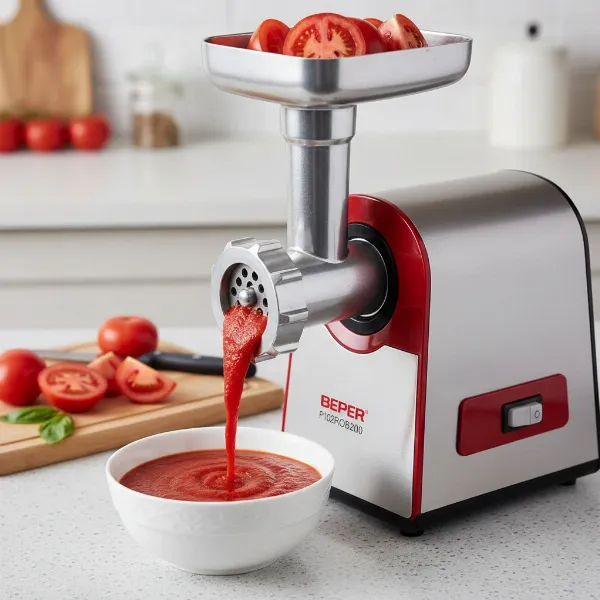 Beper electric meat grinder with tomato juicer attachment, making fresh sauce.