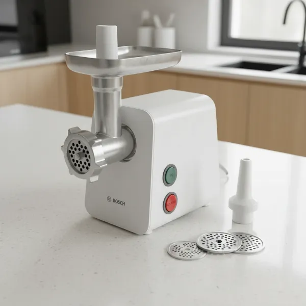 A detailed view of the Bosch CompactPower MFW3X10B meat grinder showcasing its features and accessories.