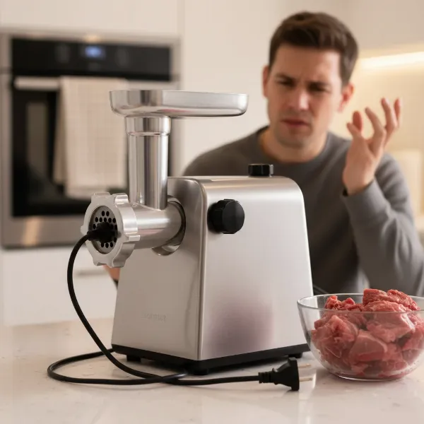 A non-functional meat grinder on a kitchen counter, symbolizing frustration and a halt in kitchen operations.