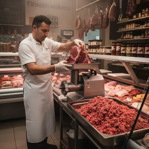 Butcher preparing freshly ground meat with a commercial grinder for customers.