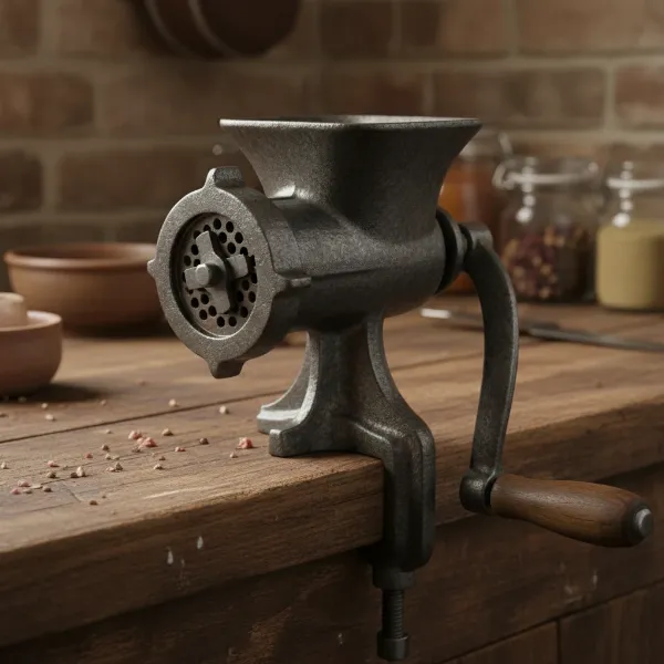 Traditional cast iron manual meat grinder clamped to a wooden table, ready for heavy-duty use.