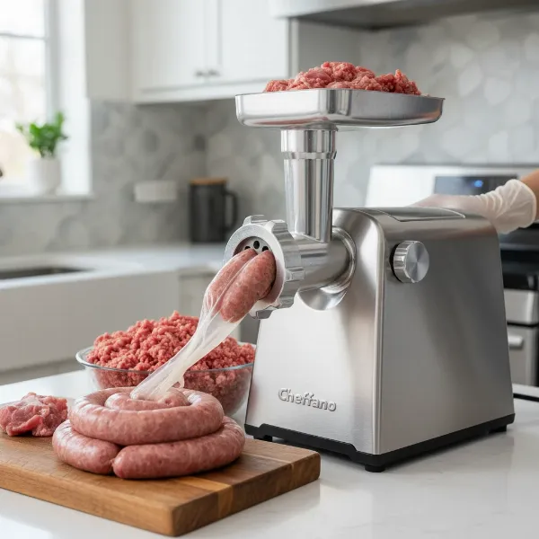Cheffano electric meat grinder actively stuffing homemade sausages on a wooden cutting board.