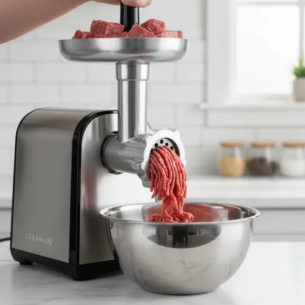 Chefman Choice Cut electric meat grinder actively grinding meat into a bowl, showing the consistency.