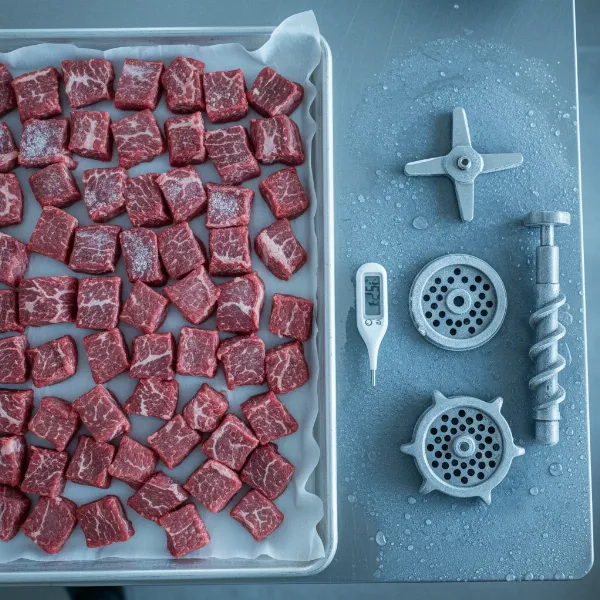 Cubes of partially frozen meat on a baking sheet next to chilled metal grinder parts (blade, plate, auger) on a clean surface.