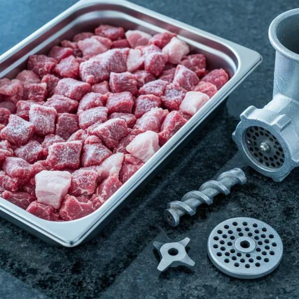 Cubes of partially frozen, well-chilled meat laid out on a tray, alongside chilled metal meat grinder parts ready for assembly.