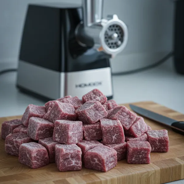 Well-chilled meat cut into cubes, ready for grinding with the Homdox electric meat grinder.