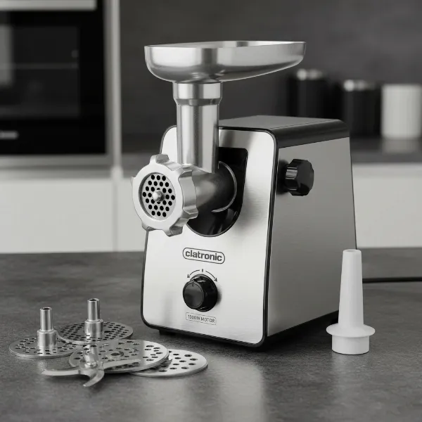 Clatronic FW 3803 meat grinder displaying its powerful motor and versatile attachments.