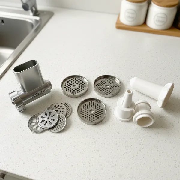 An array of Clatronic meat grinder attachments for versatile kitchen tasks.
