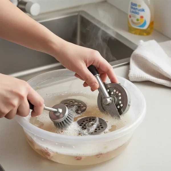 Hands cleaning disassembled meat grinder parts with specialized brushes in soapy water.