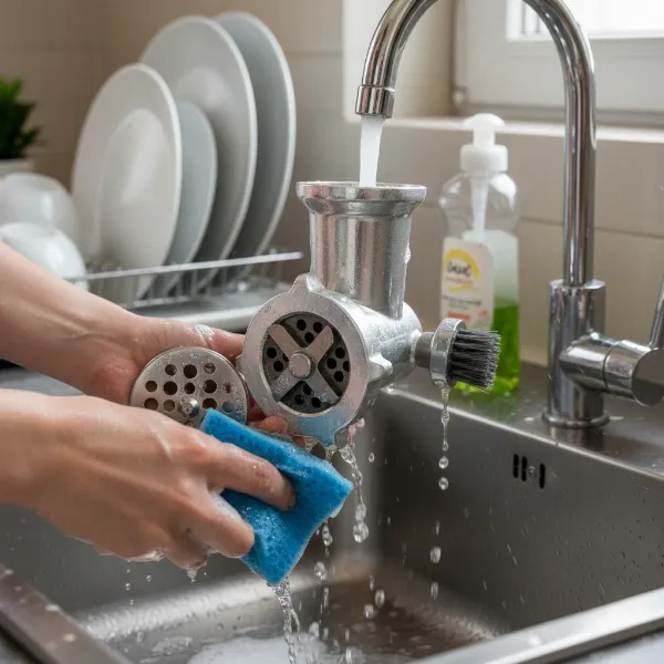 Disassembled parts of an Adler meat grinder being hand-washed in a sink, emphasizing easy cleaning.