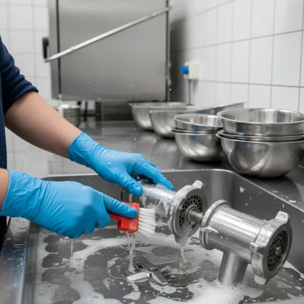 A person meticulously cleaning and sanitizing disassembled commercial meat grinder parts.