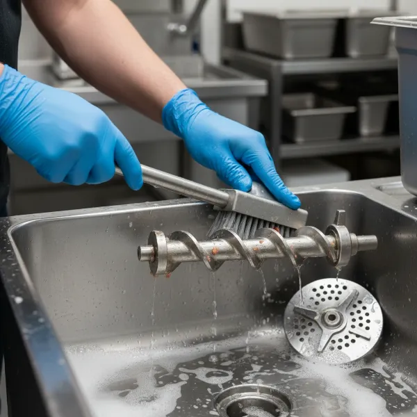 Close-up of disassembled commercial meat grinder parts, including the auger and blade, being meticulously cleaned.