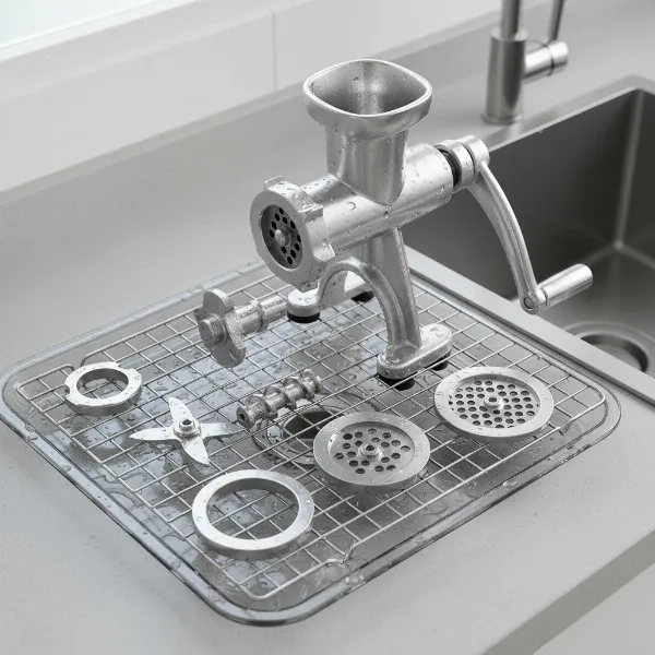 Disassembled parts of Huanyu meat grinder ready for cleaning, showing hygienic design.