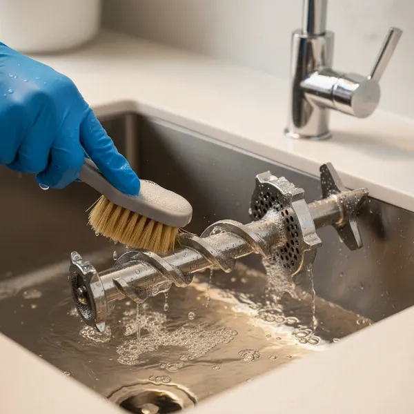 Disassembled meat grinder parts being cleaned in soapy water after use.