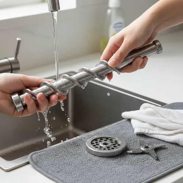Disassembled stainless steel meat grinder parts being meticulously hand-washed and dried for proper hygiene and maintenance.