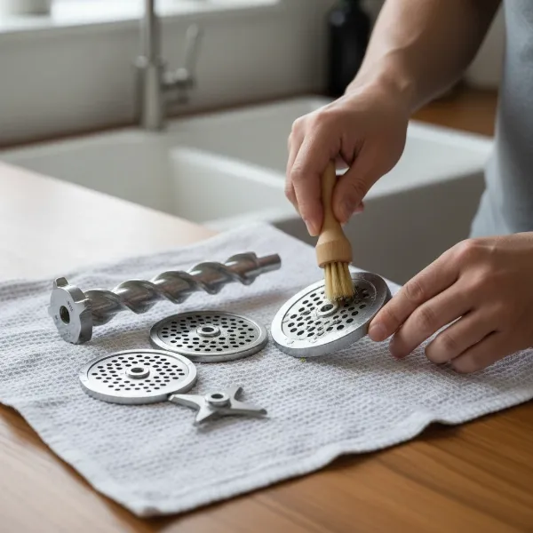Disassembled metal components of a meat grinder being meticulously cleaned and dried to prevent rust.