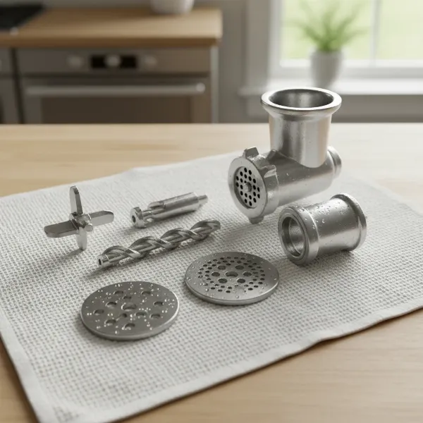 Hand washing disassembled stainless steel meat grinder components after use