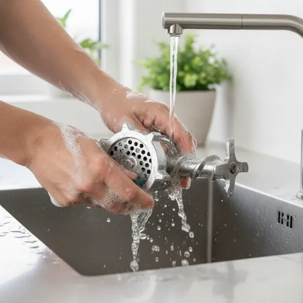 Hands cleaning disassembled parts of a meat grinder, emphasizing proper hygiene.