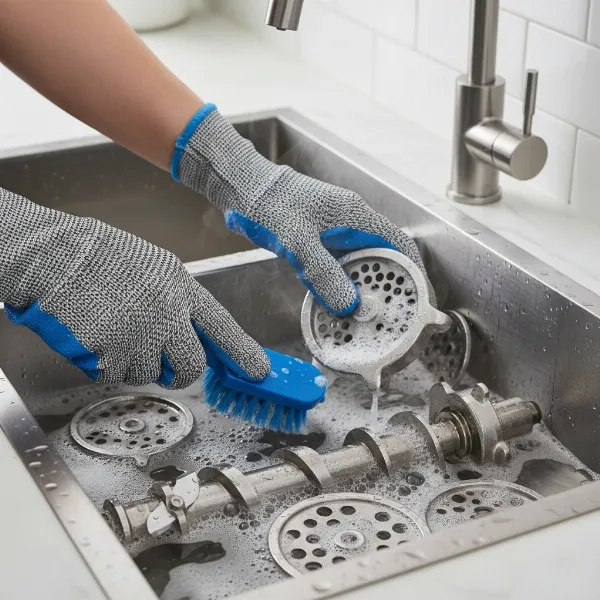 various disassembled meat grinder parts being washed in soapy water for hygiene