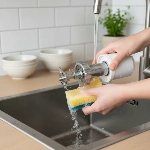 Hands cleaning disassembled parts of a compact meat grinder in a small kitchen sink, emphasizing ease of maintenance.