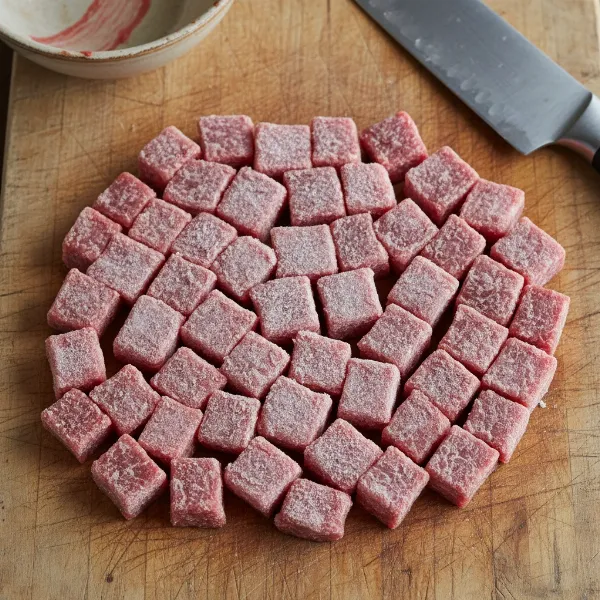 Chilled meat, cut into uniform cubes, ready to be fed into a meat grinder for optimal processing.