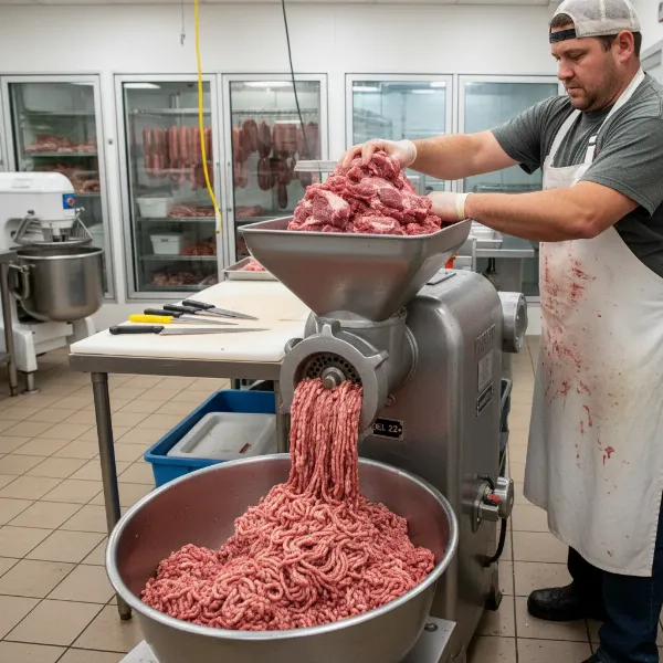 A powerful #22 meat grinder operating in a professional butcher shop, processing large cuts of meat.