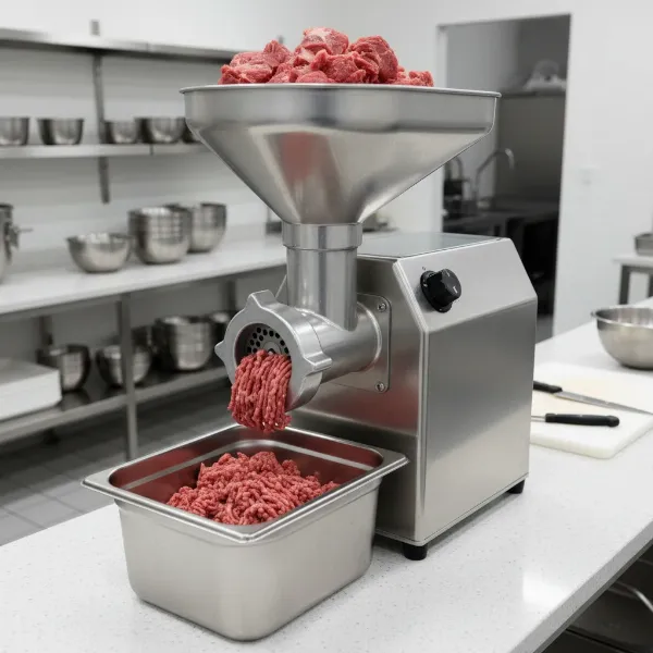 A robust commercial meat grinder, made of stainless steel, actively grinding meat in a clean deli environment.