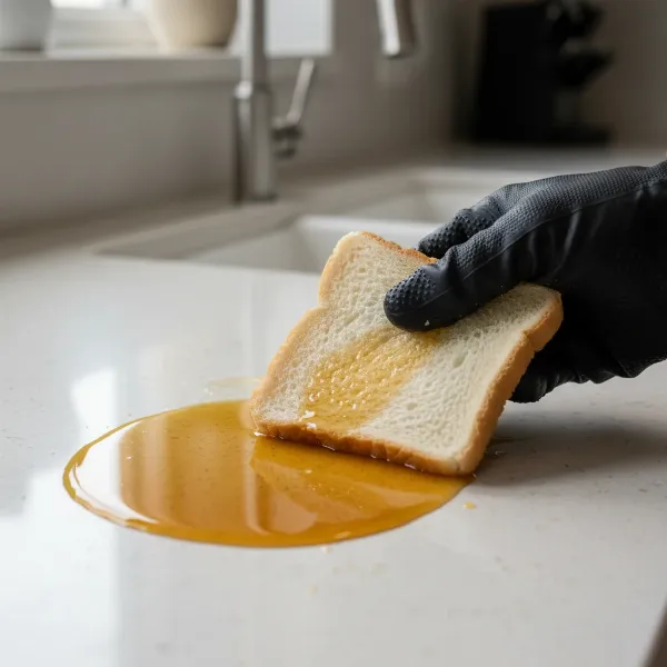 a slice of bread dabbing a fresh grease spill on a kitchen countertop