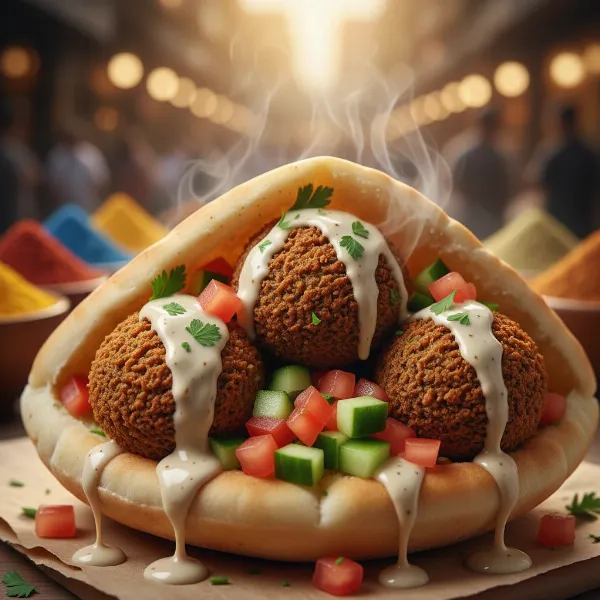 Golden-brown, crispy falafel served in a warm pita bread with fresh vegetables and tahini.