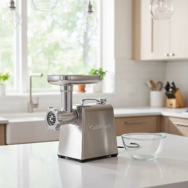 Cuisinart MG-100 electric meat grinder on a modern kitchen counter.
