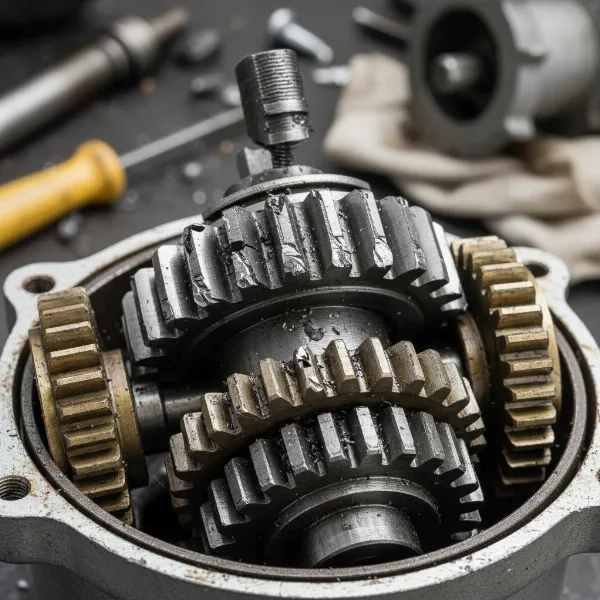 A close-up image showing worn and broken gears inside a meat grinder's gearbox.