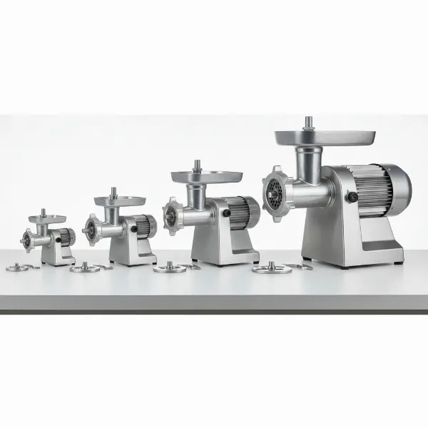 Variety of meat grinders of different sizes, including #5, #8, #12, and #22 models.