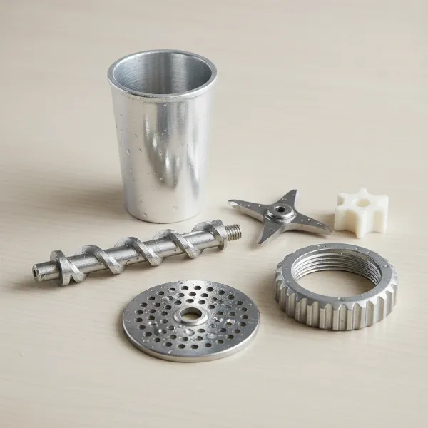 Close-up of various disassembled meat grinder parts laid out on a clean surface.