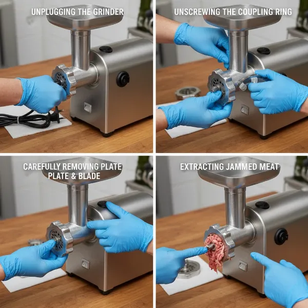A multi-panel image illustrating steps to disassemble a meat grinder for cleaning blockages.