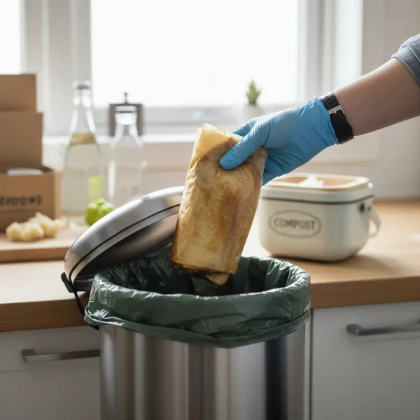 a person disposing of grease soaked bread in a trash bin, emphasizing sustainability
