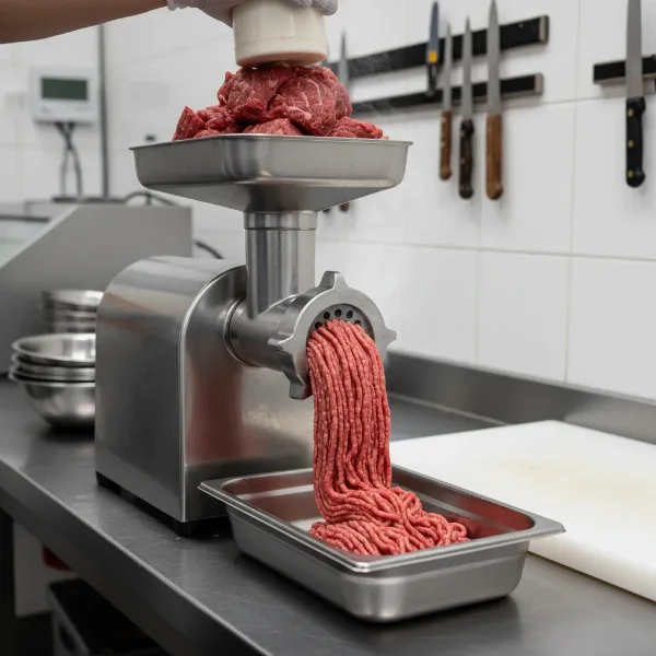 Electric countertop meat grinder processing fresh meat in a butcher shop.