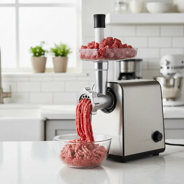 An electric meat grinder efficiently processing meat for home cooking convenience.