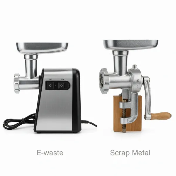 Visual comparison of electric and manual meat grinders to identify recycling categories