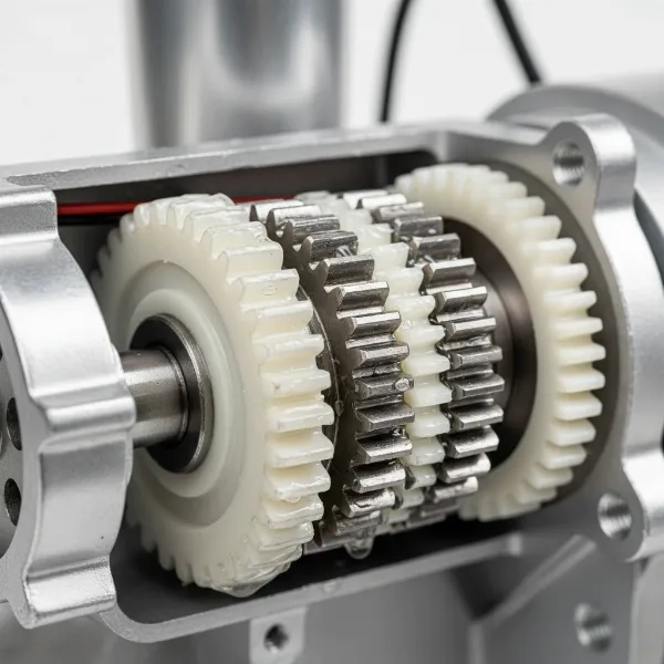 Close-up of electric meat grinder gears with fresh food-grade lubricant for smooth operation.