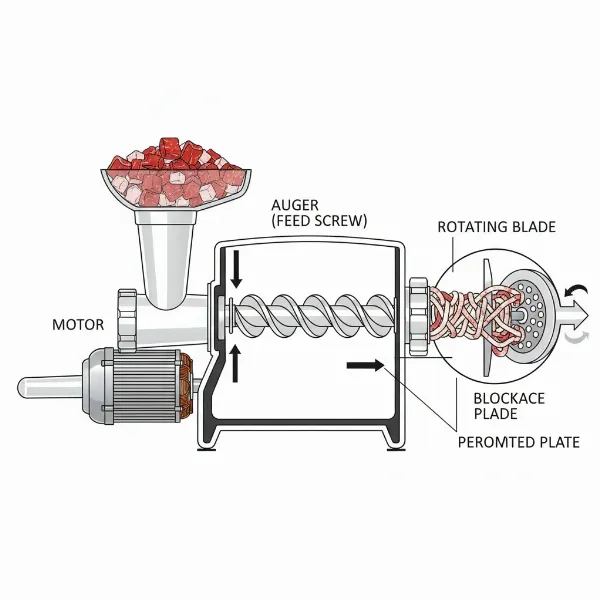 Diagram of electric meat grinder with auger, blade, and plate showing a common jam.
