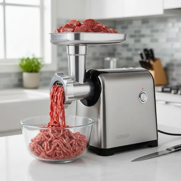A powerful electric meat grinder on a kitchen counter, processing red meat efficiently.
